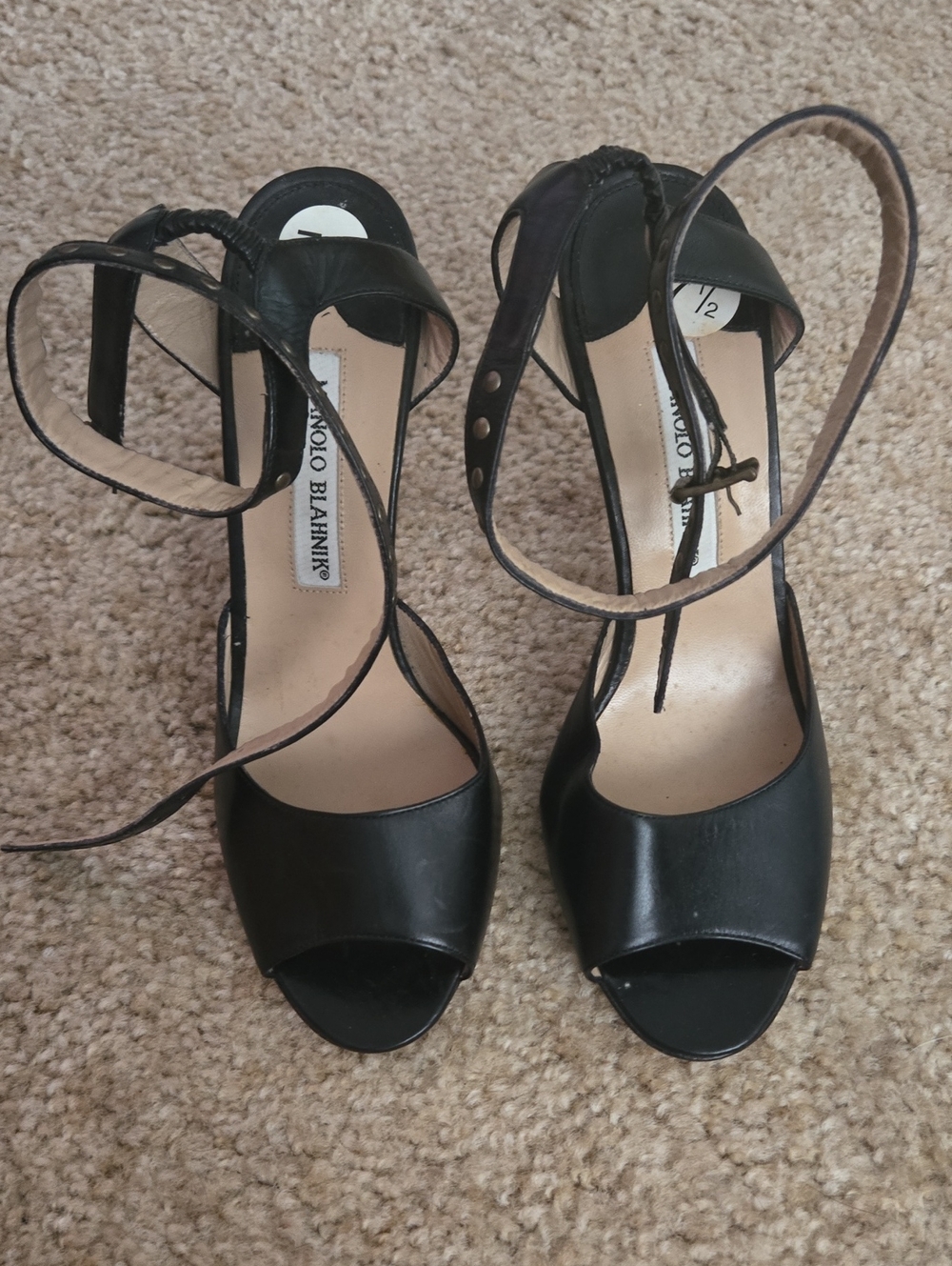Manolo Blahnik Black Leather Peep-Toe Ankle-Strap Heels
